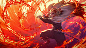 動漫戰士在旋轉的火焰中揮舞劍進行戰鬥。