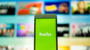 智能手機顯示 Hulu 應用程式標誌，背景為模糊的電視屏幕。