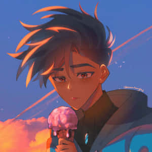 動畫男孩在日落時拿著融化的粉紅色雪糕筒。 — 1:1 壁紙
