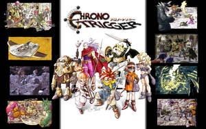 Chrono Trigger 遊戲藝術，以動漫風格展示主要角色和關鍵場景。