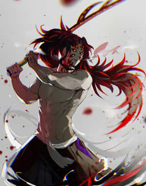 紅髮戴面具的動漫戰士在戰鬥中揮舞著沾滿鮮血的劍。 — 武士 壁紙