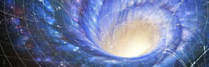 一個發光的藍色蟲洞在太空中，星星和光束旋轉向金色中心。