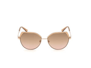 白色背景上的玫瑰金幾何太陽眼鏡，配備漸變鏡片。