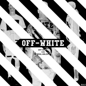 黑白對角條紋與碎片化時尚模特兒及 Off-White 品牌標識。