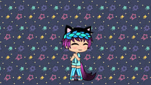 擁有貓耳和紫色頭髮的可愛動漫角色在星空夜間圖案中微笑。 — Gacha life GIF 壁紙
