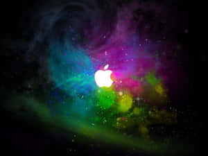 Apple標誌在彩色宇宙星雲中發光，伴有星星