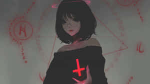 戴眼鏡、帶光環的動漫女孩，被 occult 符號包圍，手持發光的紅色十字架。