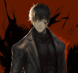 動漫男人穿皮夾克，火熱橙色背景