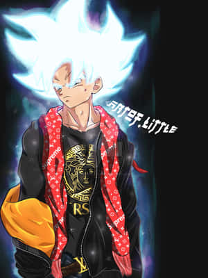 動漫戰士擁有發光的藍色頭髮，穿著奢華街頭服飾，背景是黑暗的宇宙。