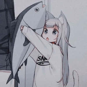 動漫女孩戴著貓耳朵，抱著一條大魚，表情驚訝。 — 可愛動漫頭像gif 壁紙