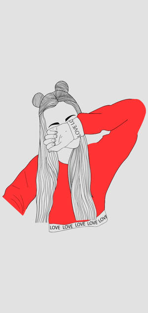 穿紅色連帽衫的女孩手持love杯子，遮住臉。 — iPhone 17 Pro 壁紙