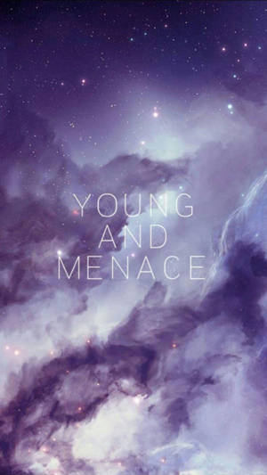文字 young and menace 覆蓋在紫色和藍色的宇宙星雲上，伴有星星。