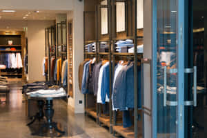 光線充足的現代服裝店，陳列著襯衫、夾克和折疊衣物的貨架。 — 美學圖案 壁紙