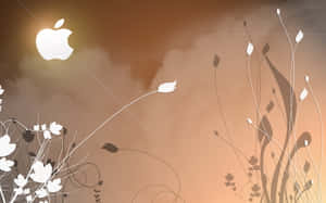 白色Apple標誌在溫暖漸變天空上的風格化花卉之上