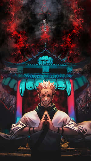 動漫角色在發光神社前祈禱，背後有紅色閃電風暴。 — 宿儺 壁紙