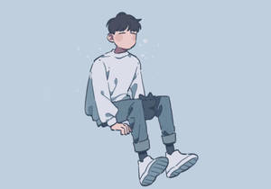 一位穿著休閒服的動漫風格男孩，周圍閃爍著光芒，平靜地漂浮著。