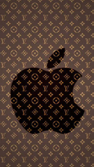 棕色Louis Vuitton字母圖案背景上的黑色Apple標誌。