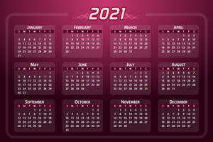 2021年月曆，栗色漸變背景，白色文字網格佈局 — 日曆 壁紙