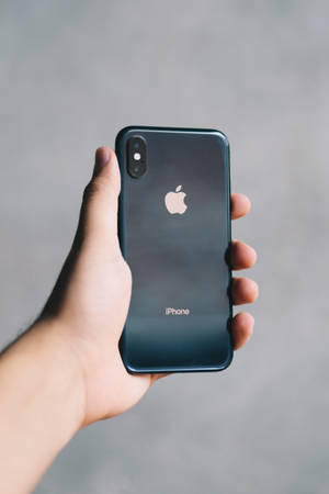 手拿著深藍色 iPhone X，背景為灰色。