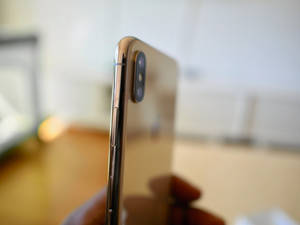 手持金色iPhone X，雙鏡頭可見。