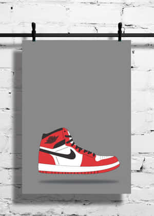紅白 Air Jordan 1 運動鞋插圖在灰色海報上，背景是白色磚牆。