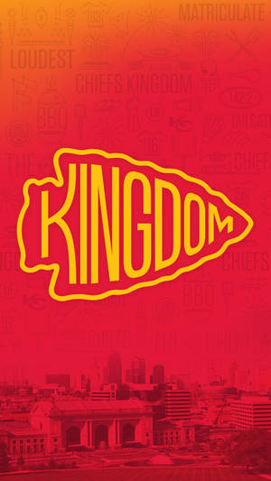 紅色漸變背景，帶有黃色 'KINGDOM' 標誌和模糊的運動圖標，覆蓋在城市天際線上。