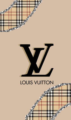 Louis Vuitton 標誌搭配格紋和閃粉點綴，米色背景。