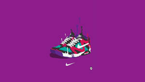色彩繽紛的Nike運動鞋在紫色背景上滴落顏料，帶有小足球和swoosh標誌。 — 卡通鞋 壁紙