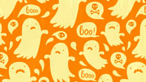 橙色背景，可愛的幽靈角色和骷髏圖標說著 Boo