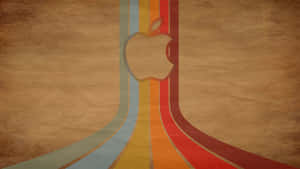 復古Apple標誌，帶有彩虹條紋，位於紋理棕色背景上。
