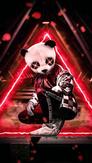 在賽博朋克環境中，穿著格仔服裝的熊貓蹲在紅色激光燈下。