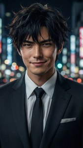 一名身穿黑色西裝打領帶的男子，在模糊的城市夜景背景下微笑。