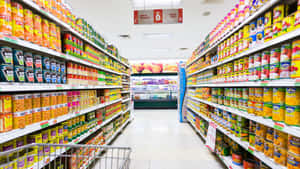 超市通道裡擺滿罐頭食品的購物車。