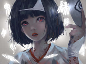 紅眼動漫女孩手持面具，被發光的日文字環繞。 — 可愛動漫女仔 壁紙