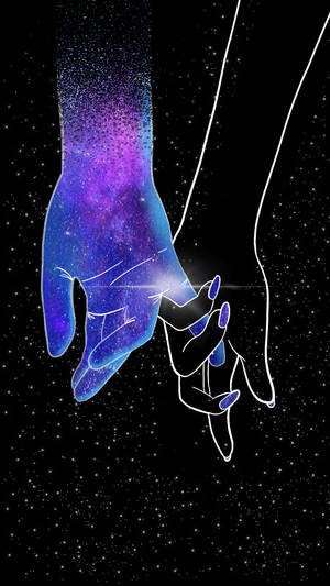 兩隻手互相握著，一隻手充滿了銀河星星