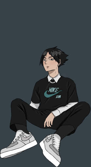 動漫男孩穿著黑色Nike服裝和灰色運動鞋，盤腿而坐。