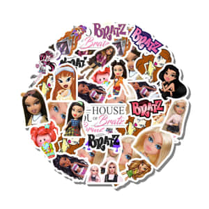 圓形排列的 Bratz 娃娃貼紙，包含各種角色和標誌。 — Bratz風格 壁紙