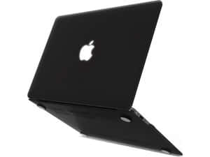 黑色 MacBook 手提電腦帶發光蘋果標誌，傾斜放置在白色背景上