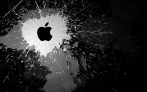 黑色Apple標誌，白色光線穿過深色飛濺背景。