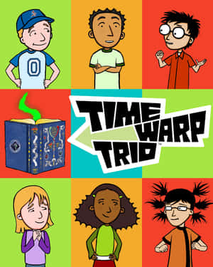 六個不同的卡通小孩和一本魔法書，在色彩繽紛的網格中，用於「Time Warp Trio」。