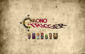 Chrono Trigger 遊戲標誌，像素角色和時鐘在舊紙上。