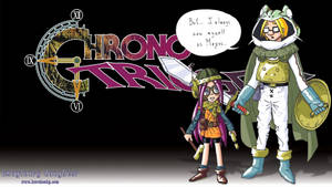 兩個戴著眼鏡和齒輪的動漫角色站在一個「Chrono Trigger」時鐘標誌前。