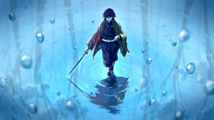 動漫戰士在藍色水中持劍行走，氣泡漂浮。