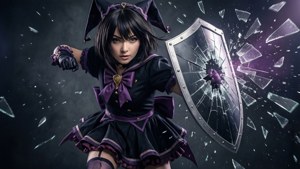 動漫少女著女傭服，手持破碎盾牌，玻璃碎片飛舞