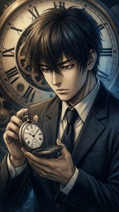 穿著西裝的動漫男子，背後有鐘齒輪，手持懷錶。 — 東京卍復仇者 壁紙