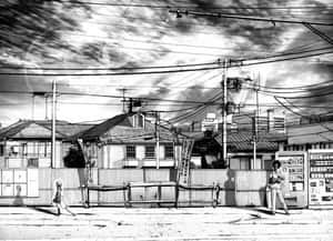 兩個動畫角色在雜亂的城市街道上，有電線和自動販賣機。 — 黑暗日系 壁紙
