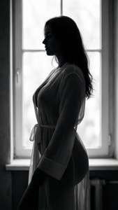 窗邊穿長袍的女性黑白剪影