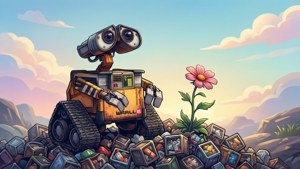 機器人 Wall-E 在垃圾中，旁邊有一朵粉紅色的花在黃昏時生長。 — 太空奇兵·威E 壁紙