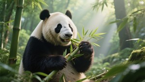 大熊貓在鬱鬱蔥蔥的綠色森林中吃竹子，陽光穿過樹木。