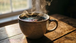窗邊晨光照耀的木桌上放著冒煙的咖啡杯。